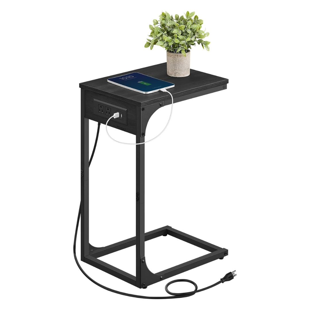 C-Shaped End Table W/ Built-in Power Strip & 2-USB Ports