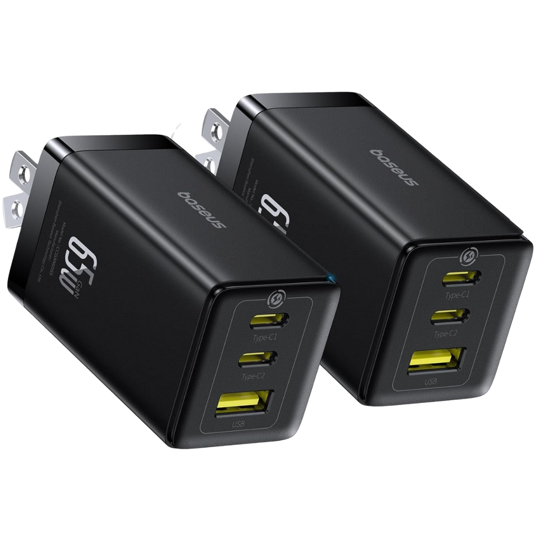 2-Pack 65W Baseus Foldable GaN 3-Port USB-C & USB-A Wall Chargers