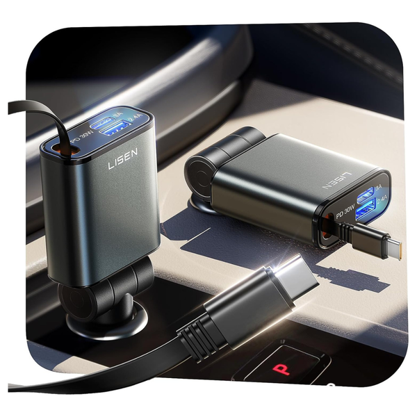 57W Lisen Retractable USB-C/USB-A Fast Charging Car Charger