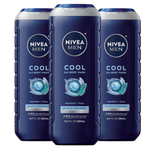3 Bottles Of NIVEA MEN Cool Body Wash, Icy Menthol And Yuzu Scent, 3-in-1 Men’s Body Wash, Face And Hair