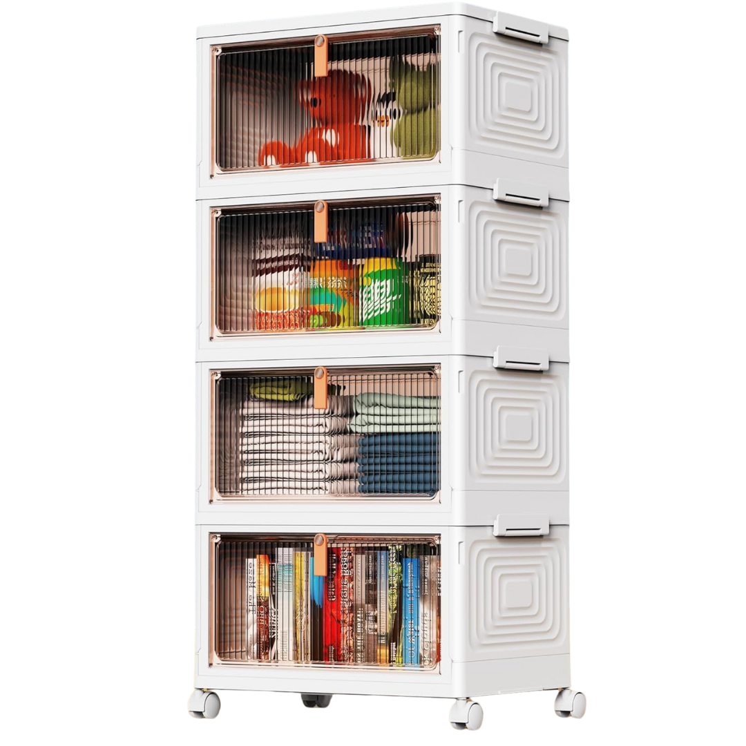 4 Tier 24Qt Folding Plastic Stackable Storage Containers with Lid