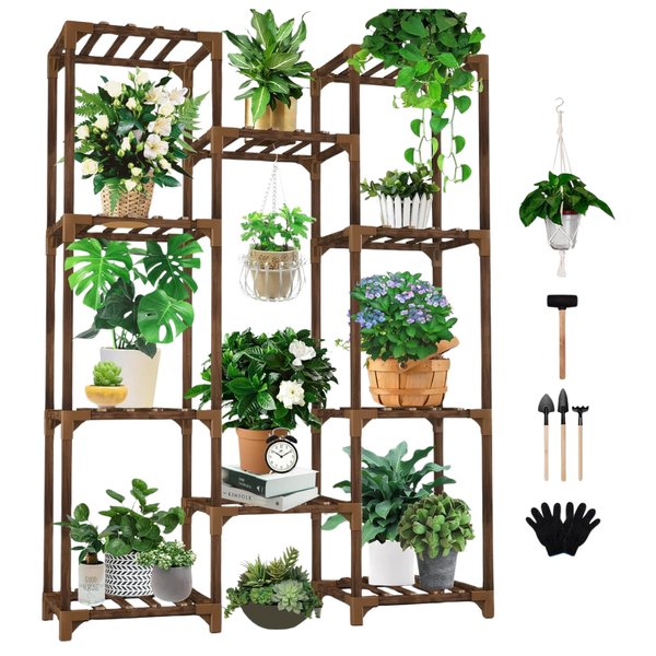 Wood 10-Tiers 11-Pot Plant Holder Shelf