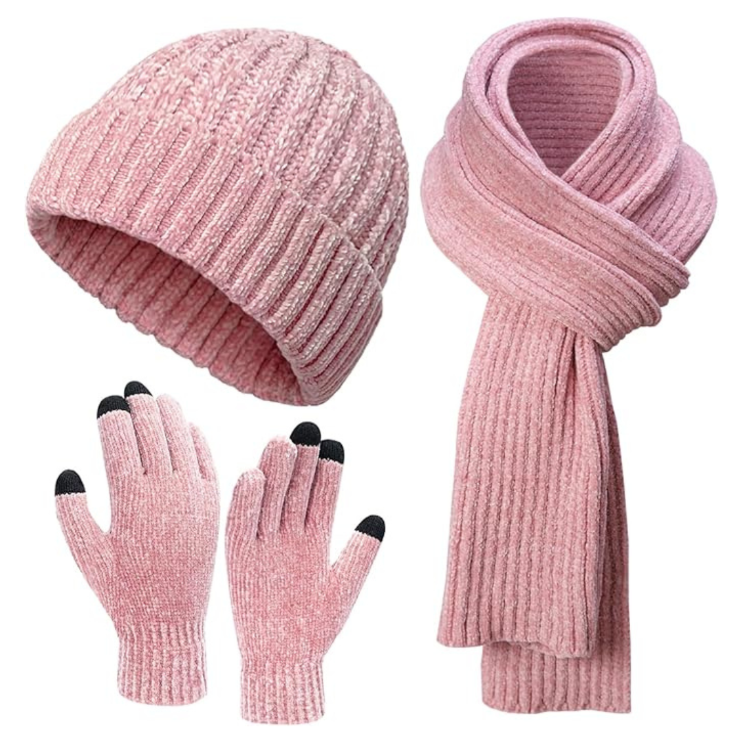 Women's Winter Beanie, Knit Scarf, Touchscreen Gloves Gift Set