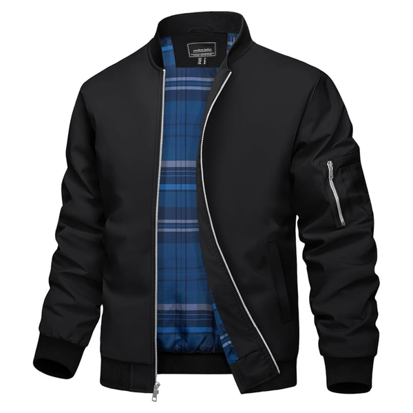TACVASEN Men's Plaid Lined Light Bomber Jacket Style Windbreaker (Black)