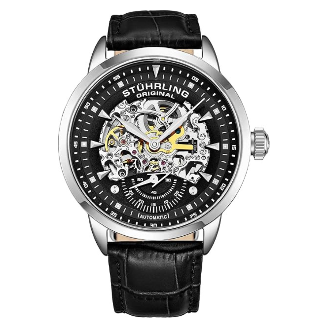 Men's Black Leather Strap Automatic Skeleton Watch
