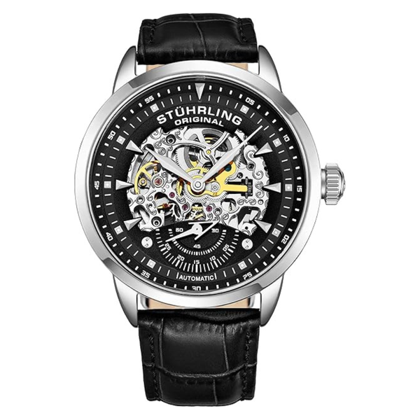 Men's Black Leather Strap Automatic Skeleton Watch