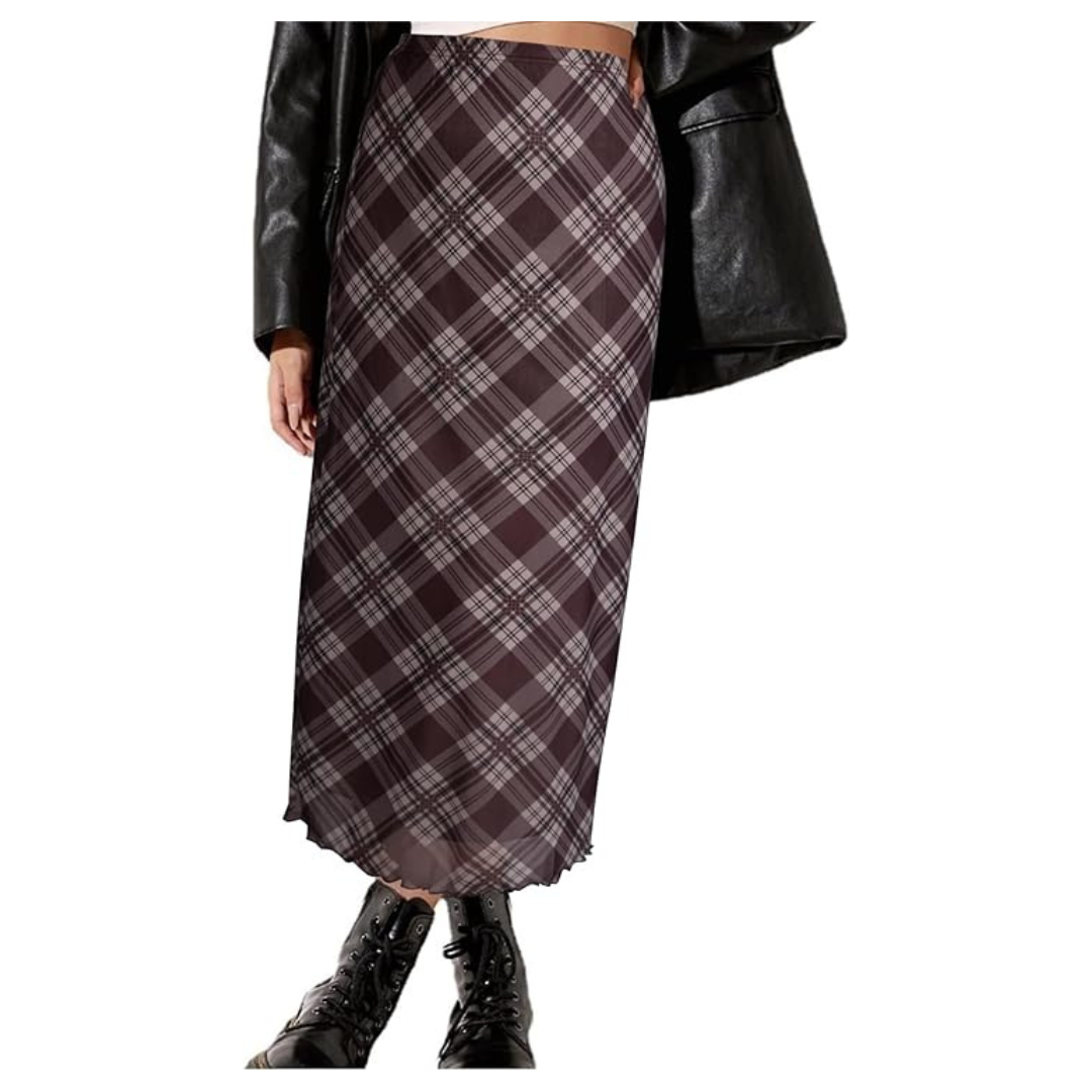 Women's Plaid High-Waisted Mesh Midi Skirt (Various)