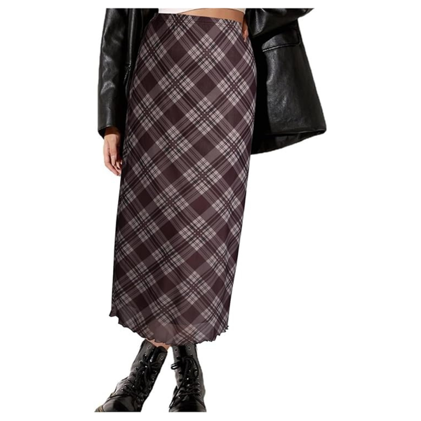 Women's Plaid High-Waisted Mesh Midi Skirt (Various)
