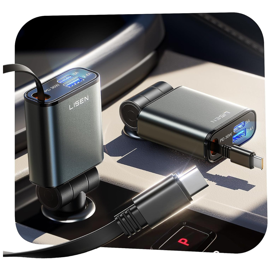 57W Lisen Retractable USB-C/USB-A Fast Charging Car Charger