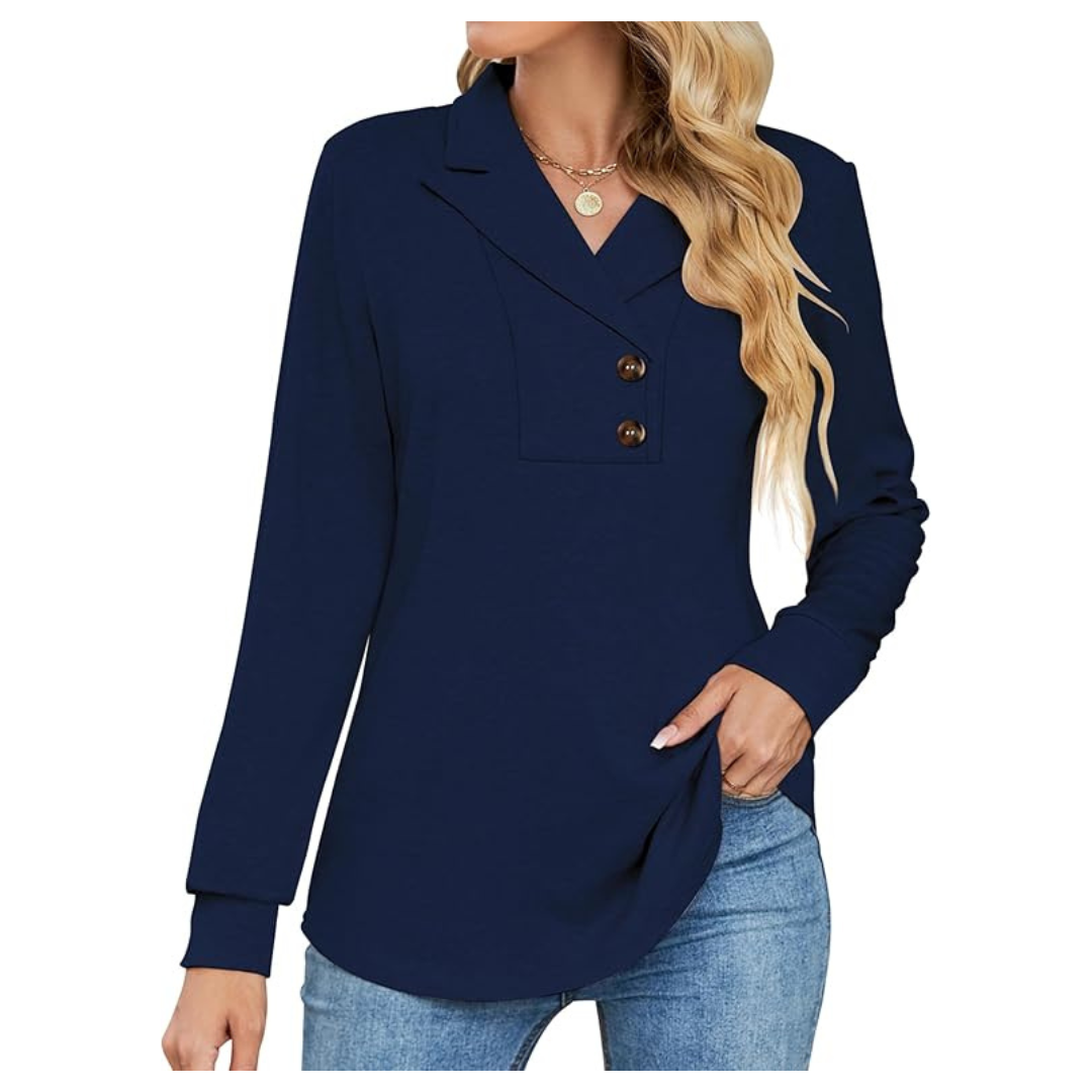 Women's V-Neck Long Sleeve Button Lapel Tunic Tops (Various)