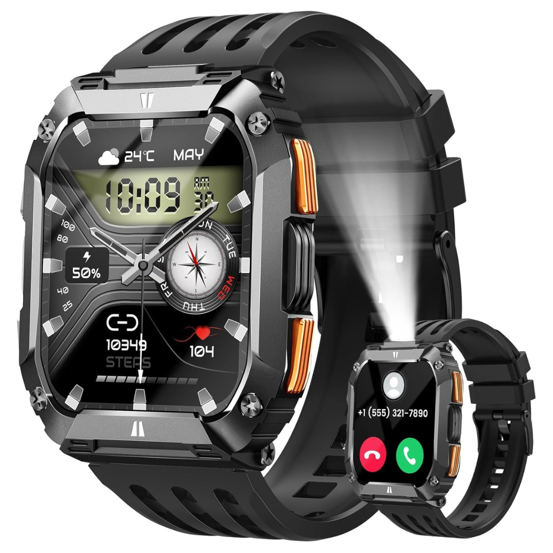 Men's 1.95" Waterproof Military Fitness Tracker Smart Watch W/ Flashlight