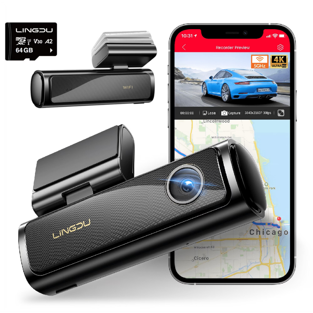 Lingdu 4K Front 5G WiFi Dash Cam with 64GB SD Card