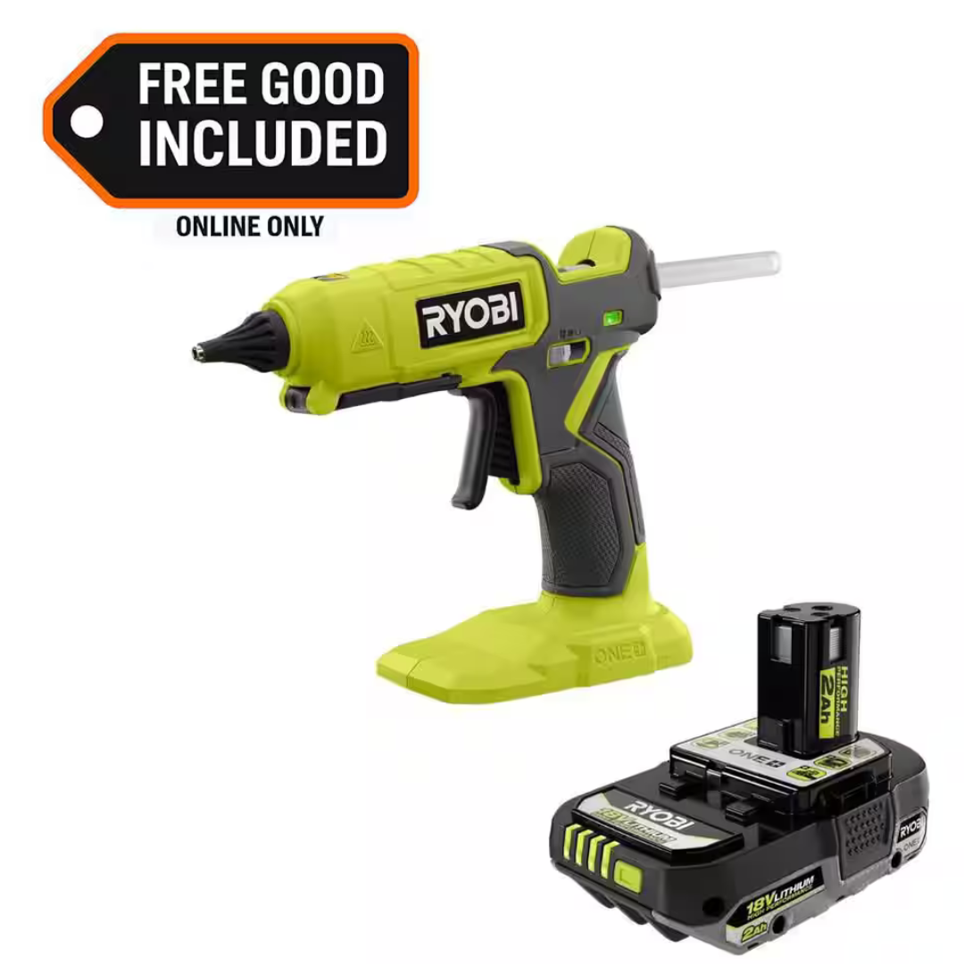 Ryobi ONE+ 18V Cordless Glue Gun + 18V Battery + RYOBI ONE+ 18V 2.0 Ah Lithium-Ion HIGH PERFORMANCE Battery