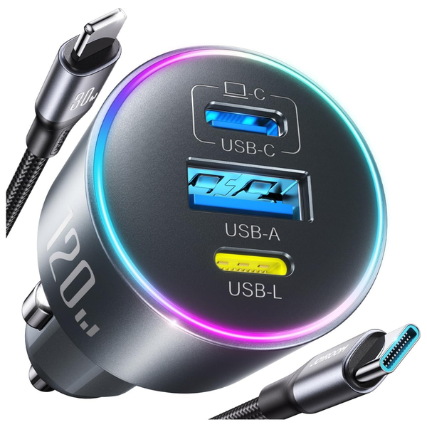 Joyroom Up To 120W 3-Port Car Charger W/ 3.3' USB-C Cable