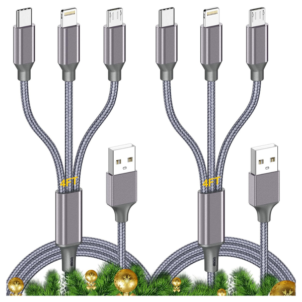 2-Pack 4Ft 3-in-1 Multi Charging Cable (USB-C/MicroUSB/Lightning)