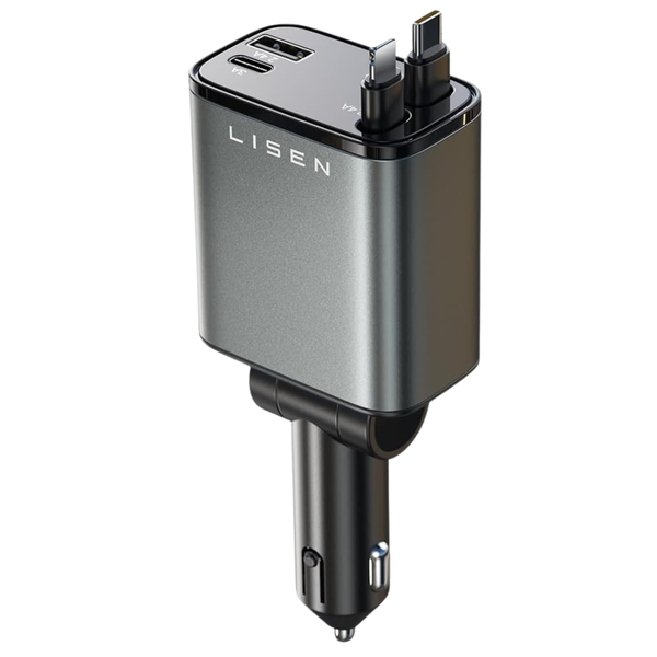 69W Lisen 4-In-1 Retractable USB-C/Lightning/USB-A Car Charger