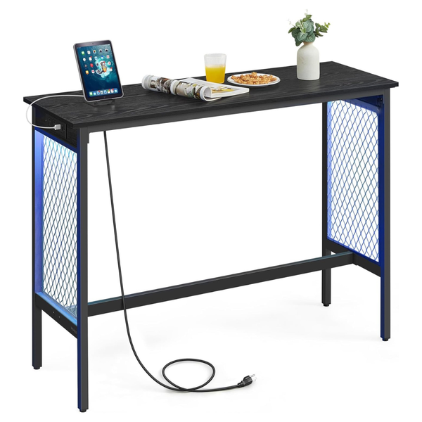 47.2" LED Lights Narrow Tall Bar Table With Power Outlets