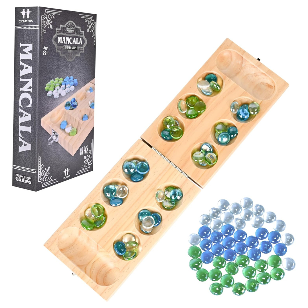 Mancala Folding Wooden Board Game With 48 Glass Stones
