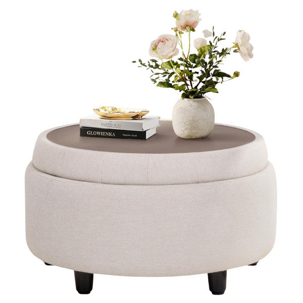 Fabric Round Storage Ottoman With Reversible Tray Lid