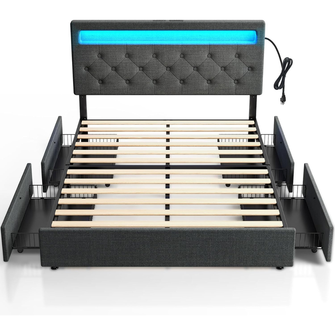 Rolanstar Queen Bed Frame With LED Lights, Charging Station, 4 Drawers