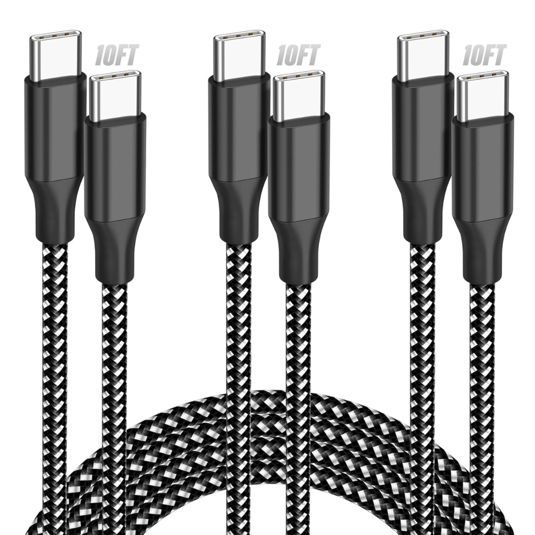 3-Pack 10-Ft Nylon Braided 60W USB-C To USB-C Charging Cable