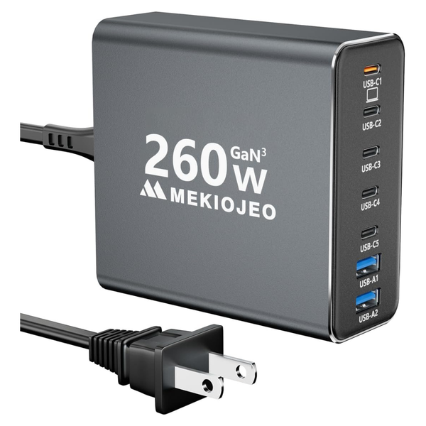 Mekiojeo 7-Port 260W USB-C GaN 3 Wall Charger Adapter