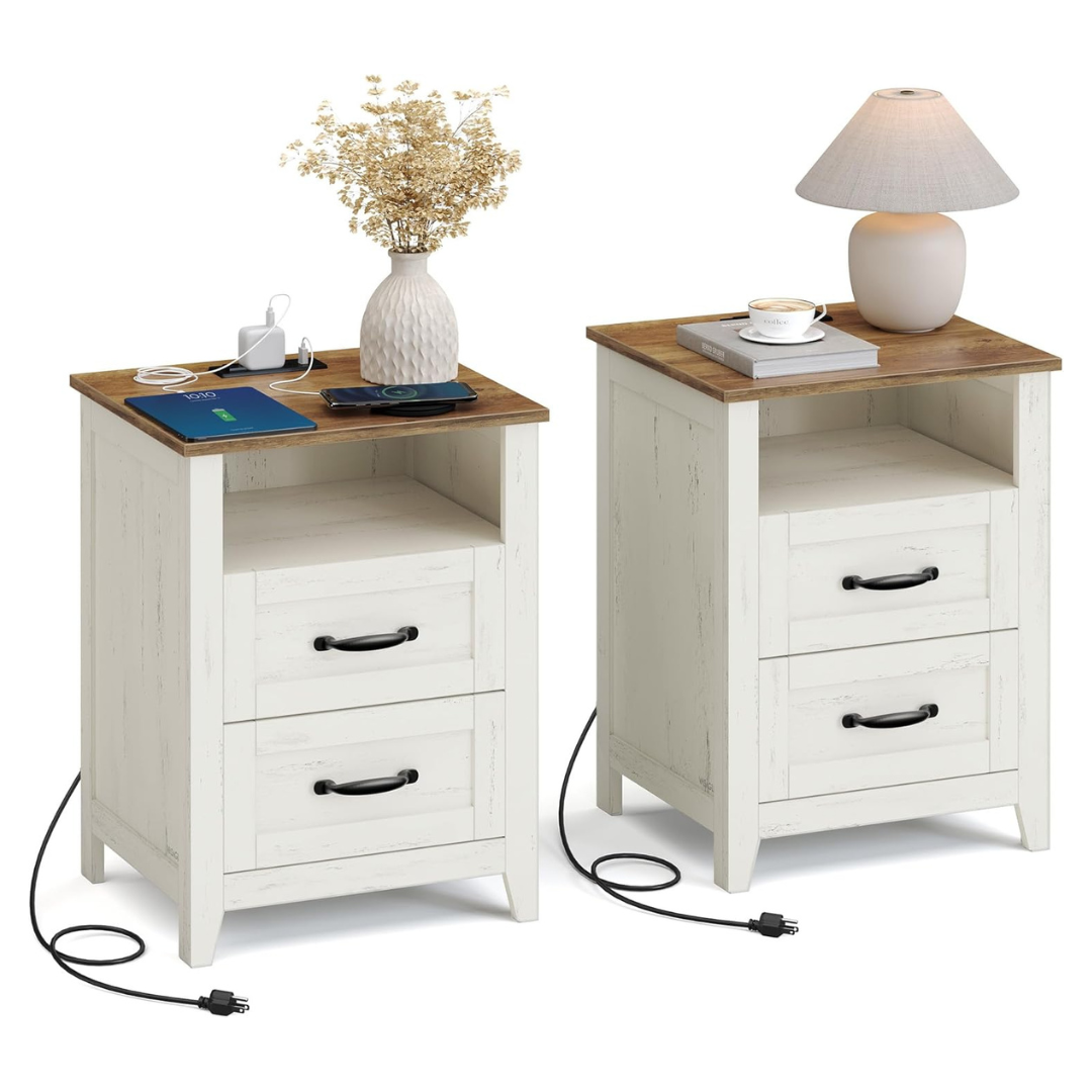 2 Set Farmhouse Nightstands With Charging Station