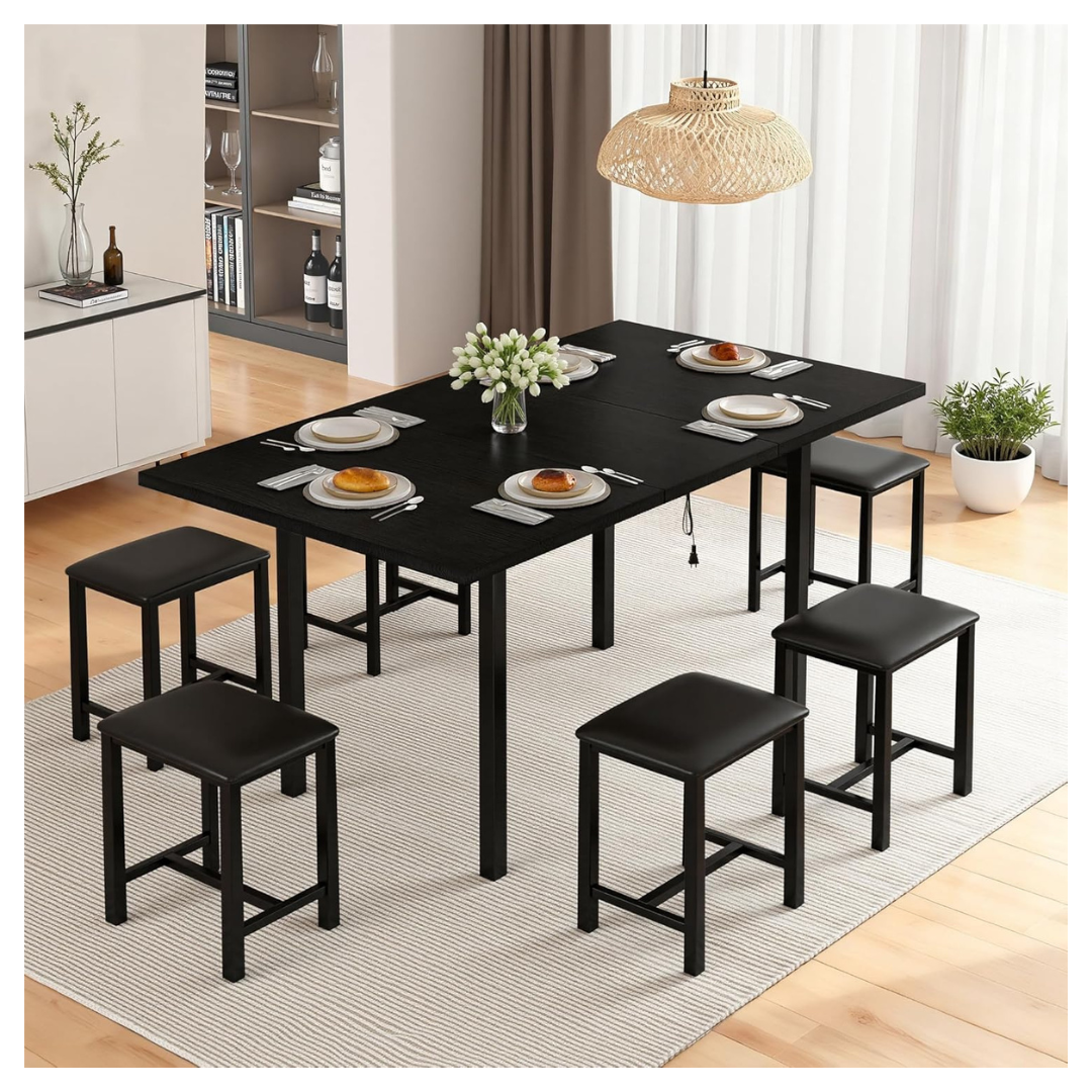 7-Piece Vecelo Dining Table Set With 6 Square Stools