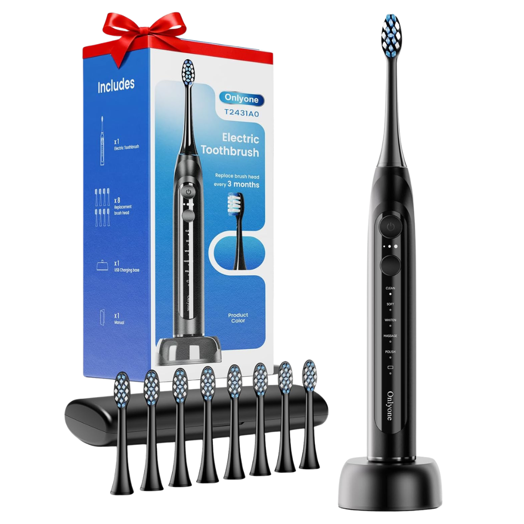 Onlyone Rechargeable Sonic Electric Toothbrush W/ 8 Replacement Heads