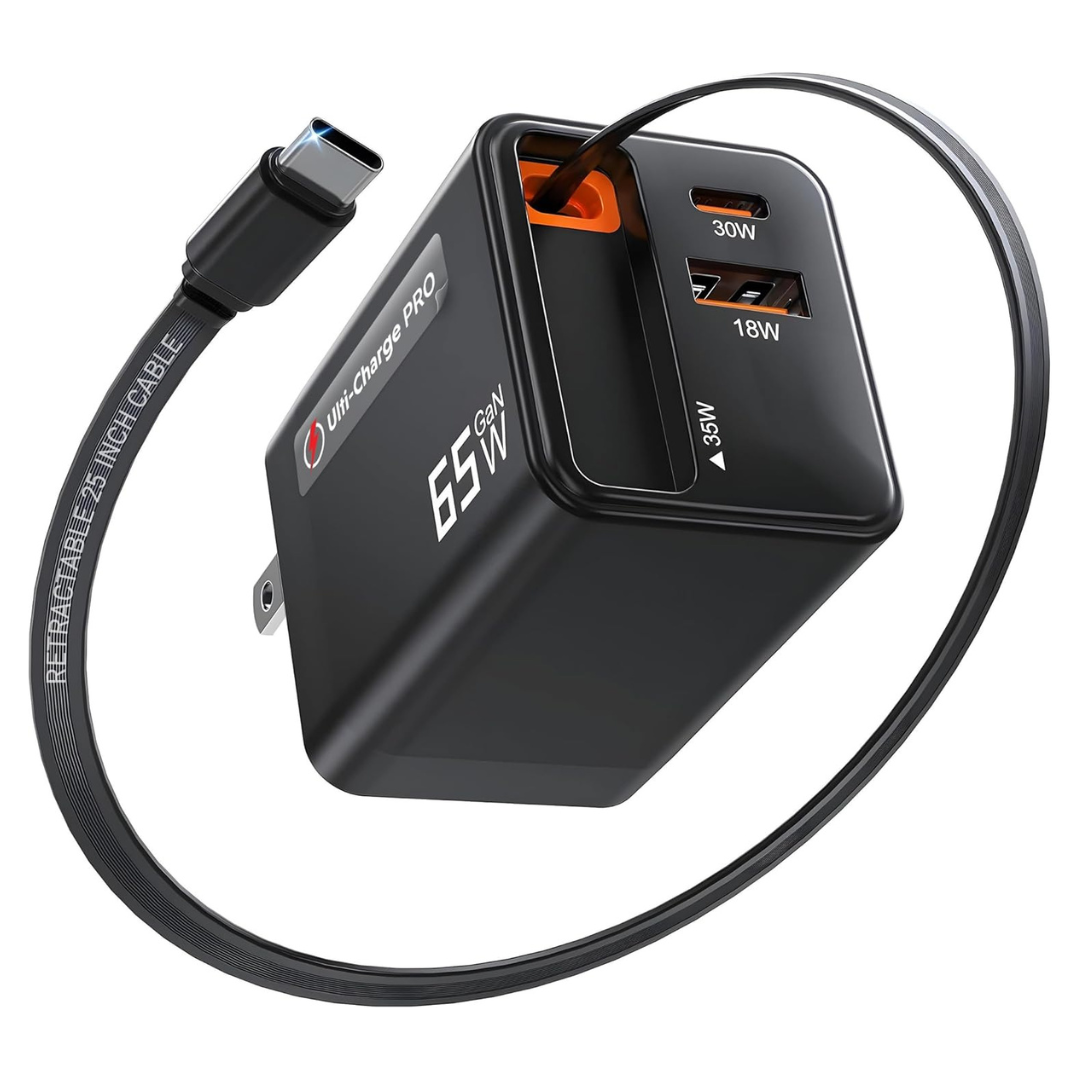 Ulti Charge Pro 65W USB C Charger W/ 25" Retractable USB C Cable