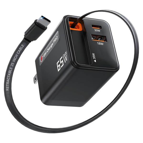 Ulti Charge Pro 65W USB C Charger W/ 25" Retractable USB C Cable