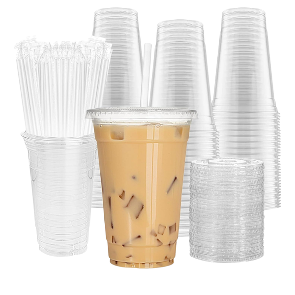 100-Pack 20-Oz Cundao Clear Plastic Cups With Lids & Straws