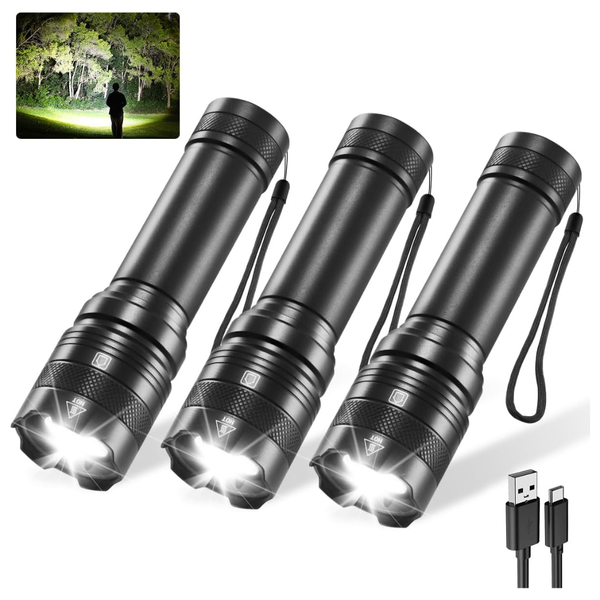 3-Pack Rechargeable High Lumens Super Bright Tactical Flashlights