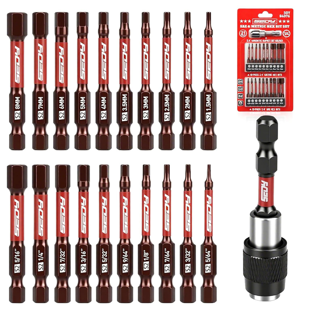 21-Piece 2.5" Hex Head Allen Wrench Drill Bit Set