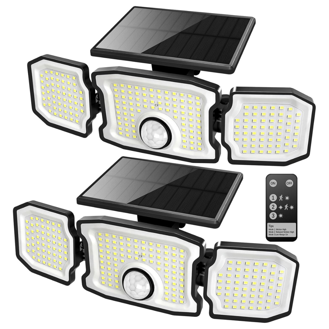 2-Pack Solar Motion Sensor Flood Lights With 3 Heads