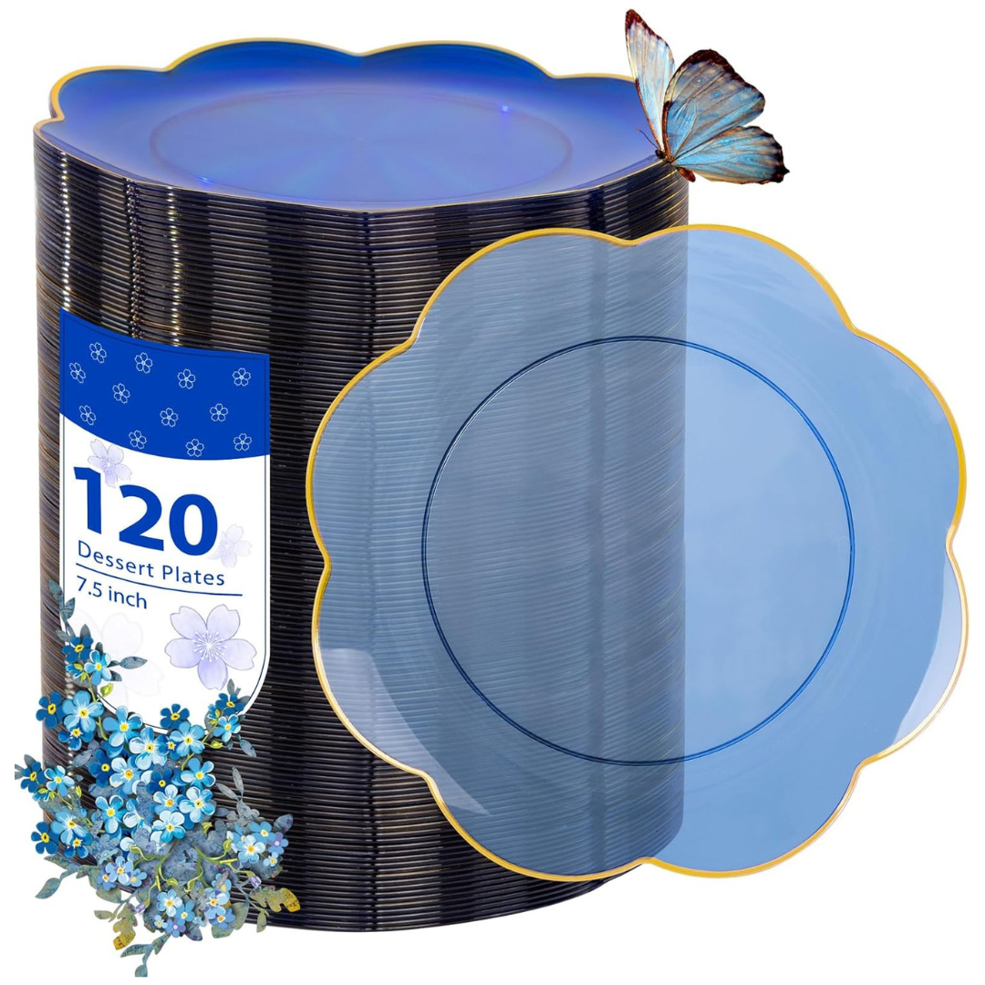 120-Pack 7.5" Heavy-Duty Clear Blue Dessert Disposable Plates
