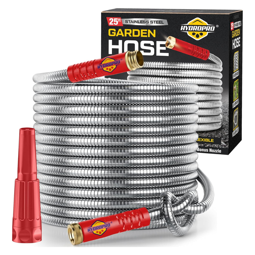 25-Ft Lightweight Stainless Steel Garden Water Hose W/ Nozzle