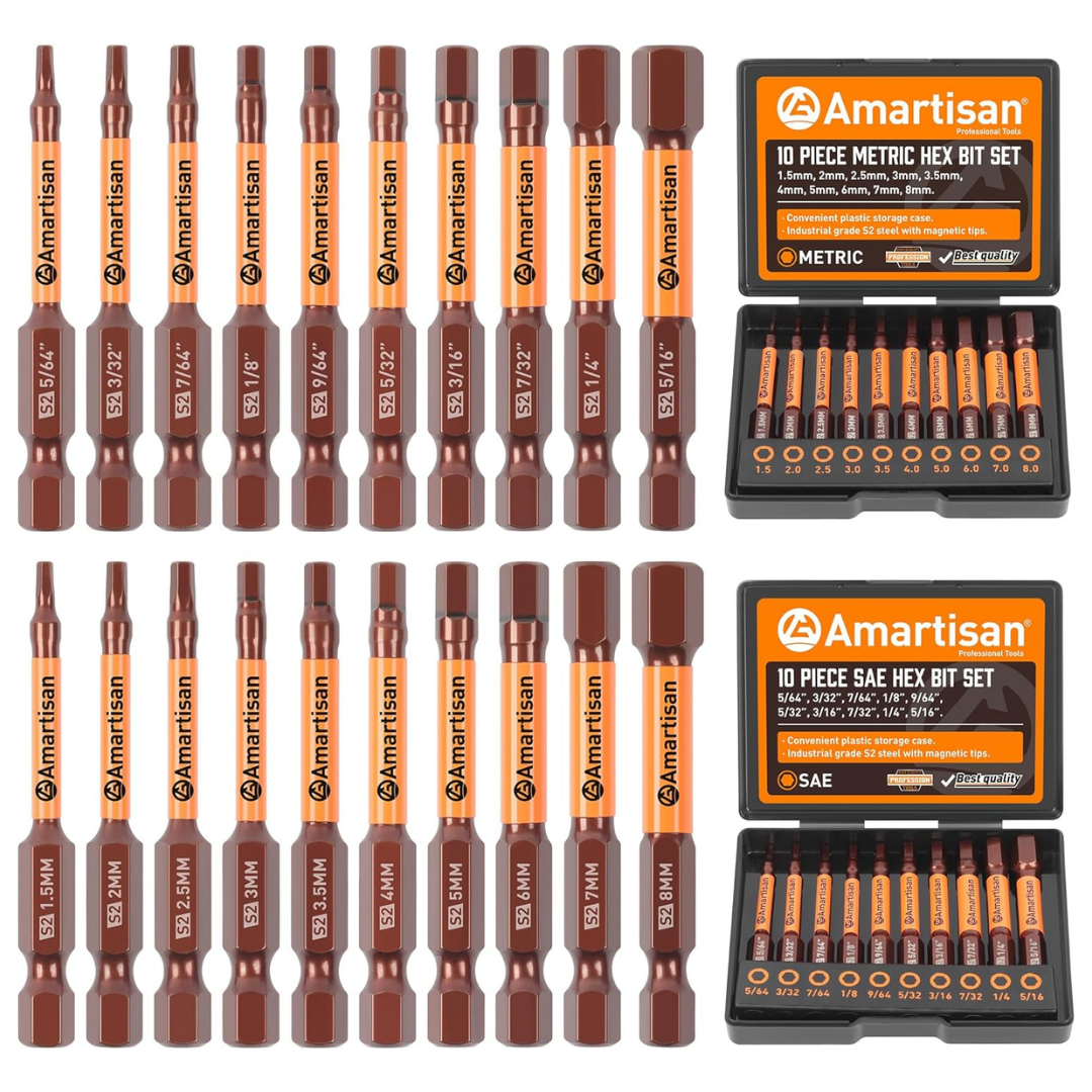 20-Piece Amartisan Metric & SAE Hex Head Allen Wrench Drill Bit Set