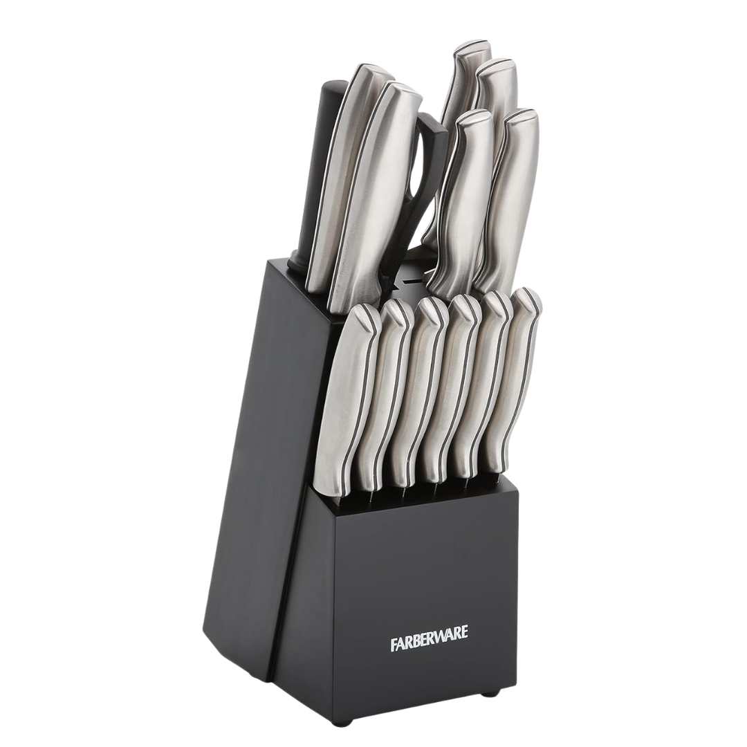 Farberware 15-Piece Stamped Stainless Steel Knife Block Set, High-Carbon Stainless Steel Kitchen Knife Set