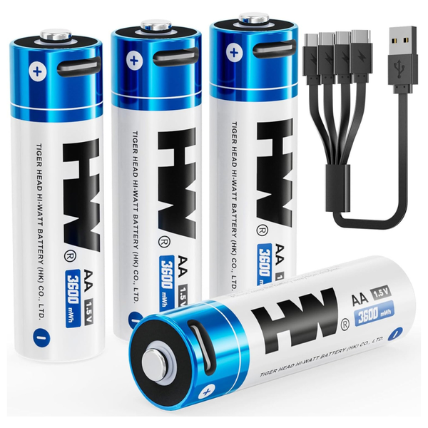 4-Pack HW AA USB-C Rechargeable 1.5V 3600mWh Lithium Batteries
