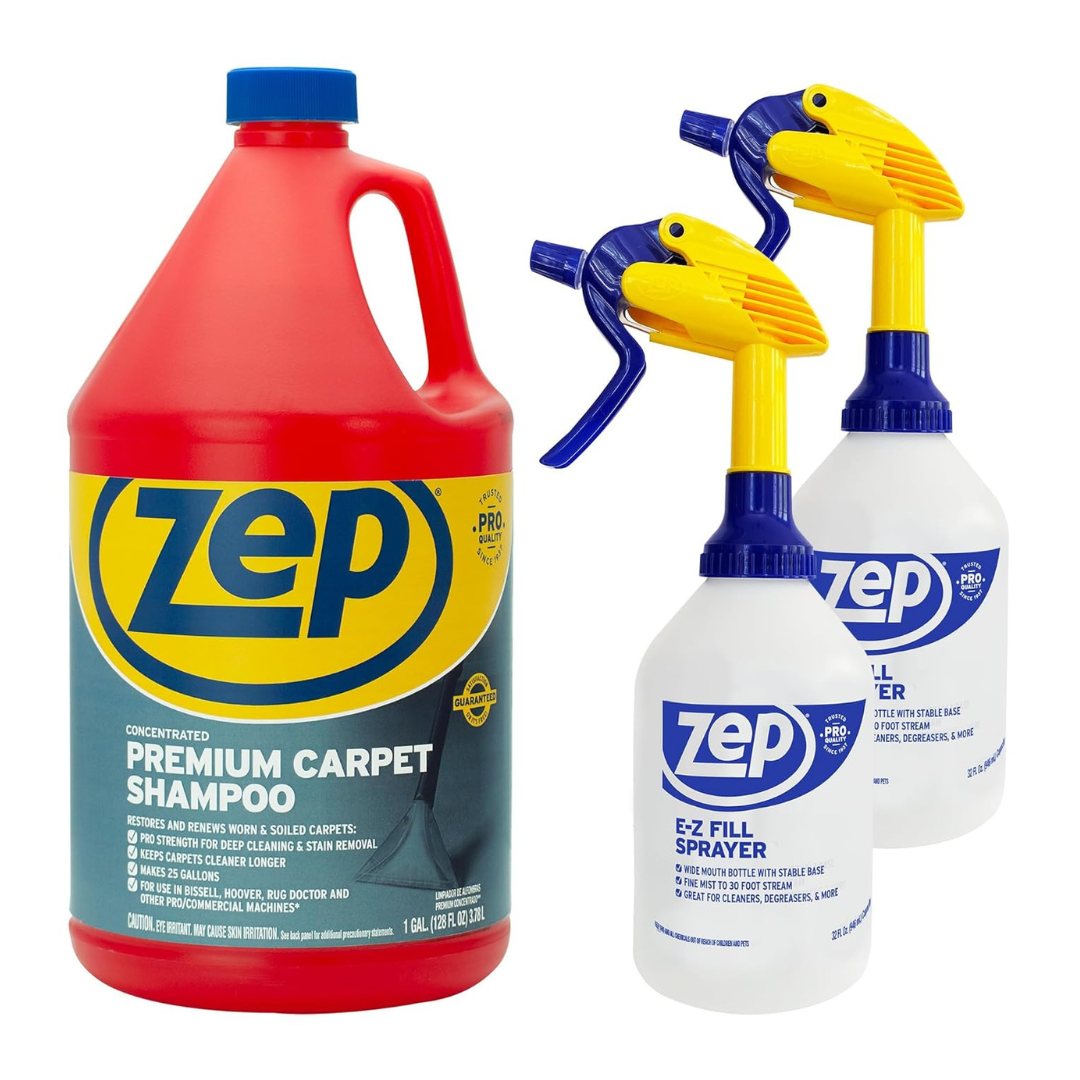 Zep Premium Concentrated Carpet Shampoo 1 Gallon + 2-Pack E-Z Fill Sprayer