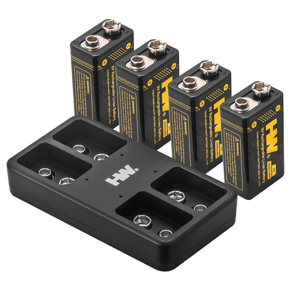 4-Pack HW 3600mWh Rechargeable 9V Batteries With Charger