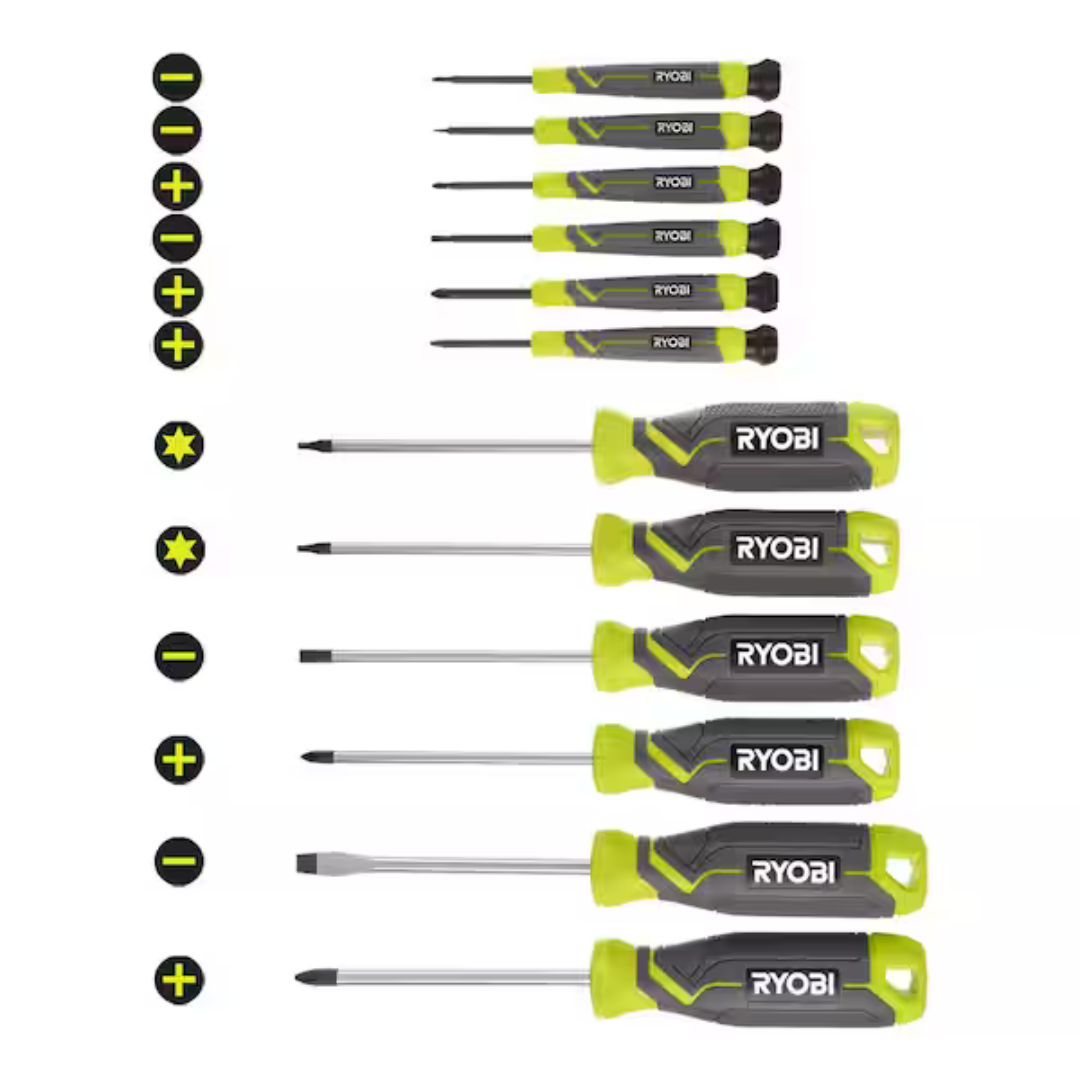Ryobi 12-Pc Screwdriver Set With Cushion Grip Handles