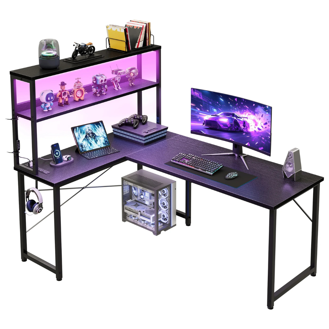 53" L-Shaped Desk With Power Outlets, LED Lights & Hutch