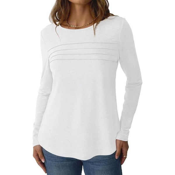 Women's Crew Neck Long Sleeve Pleated Blouse Shirts (White or Black)