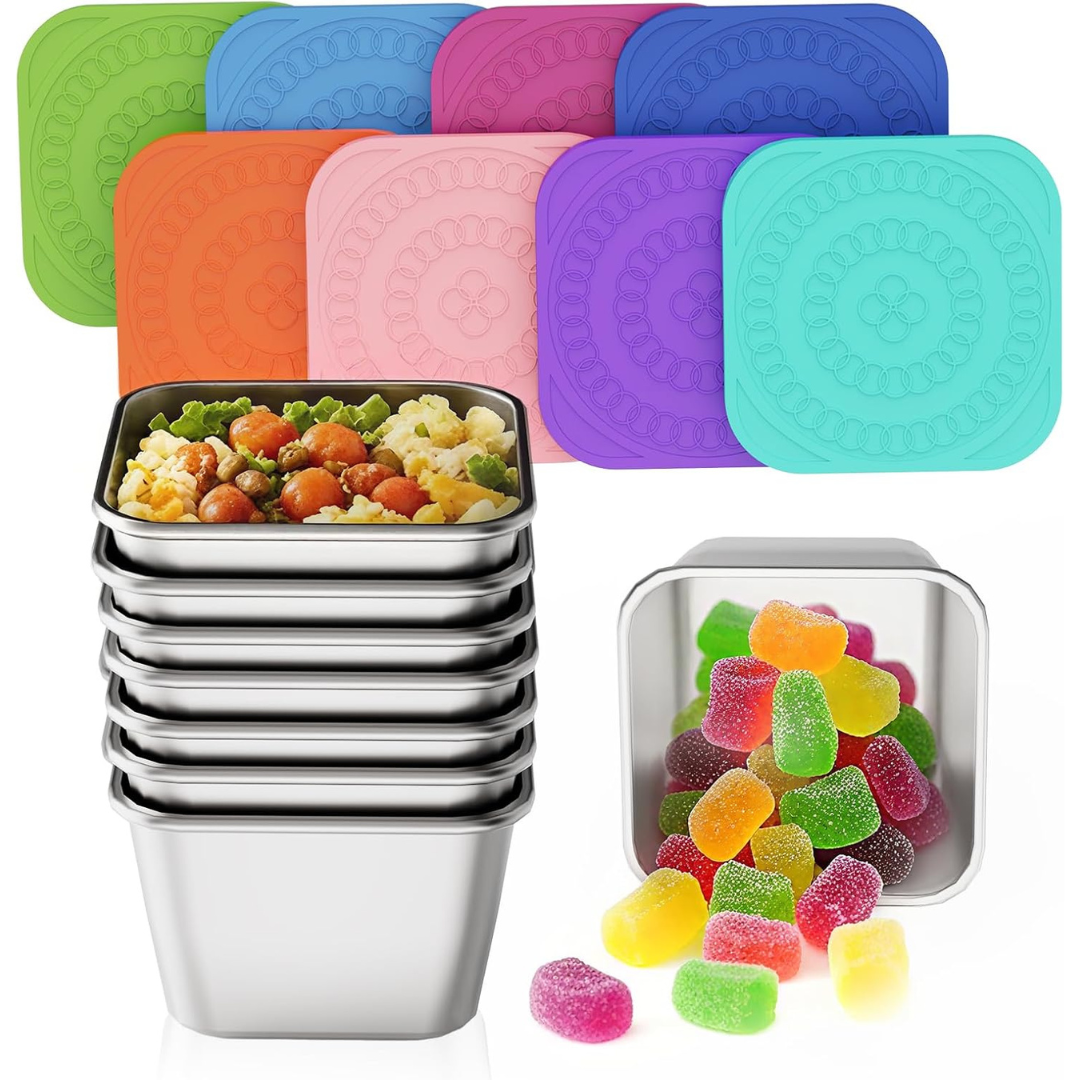 Set of 8 Stainless Steel Snack Containers With Silicone Lids