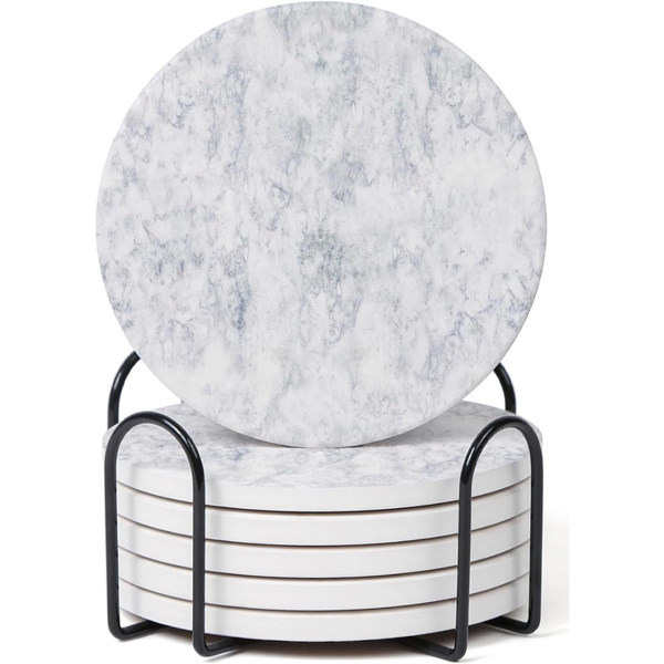 Set of 6 Hoomey White Abstract Onyx Marble Coasters W/ Holder