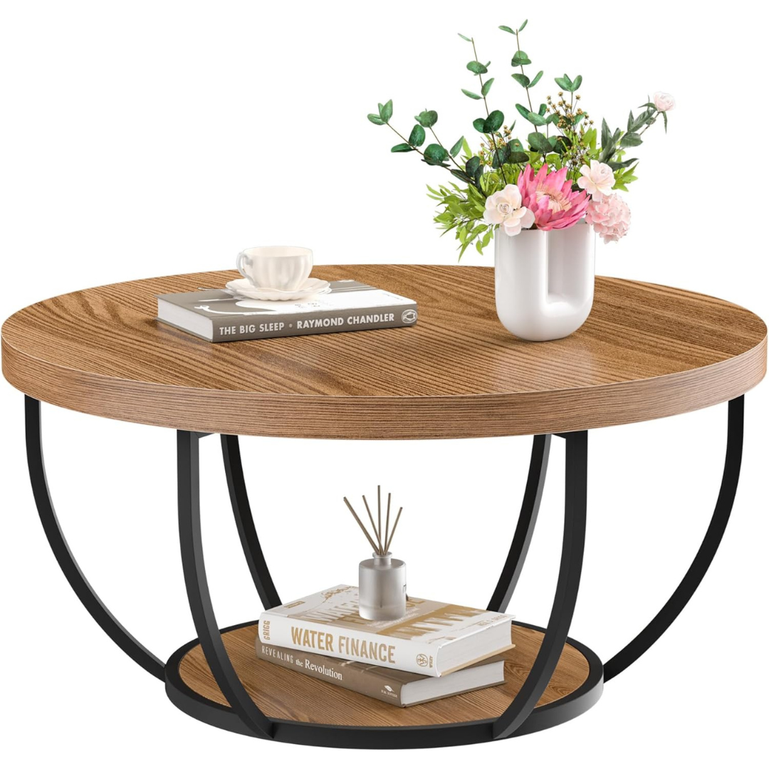 31" Terol 2-Tier Storage Round Coffee Table With Steel Frame