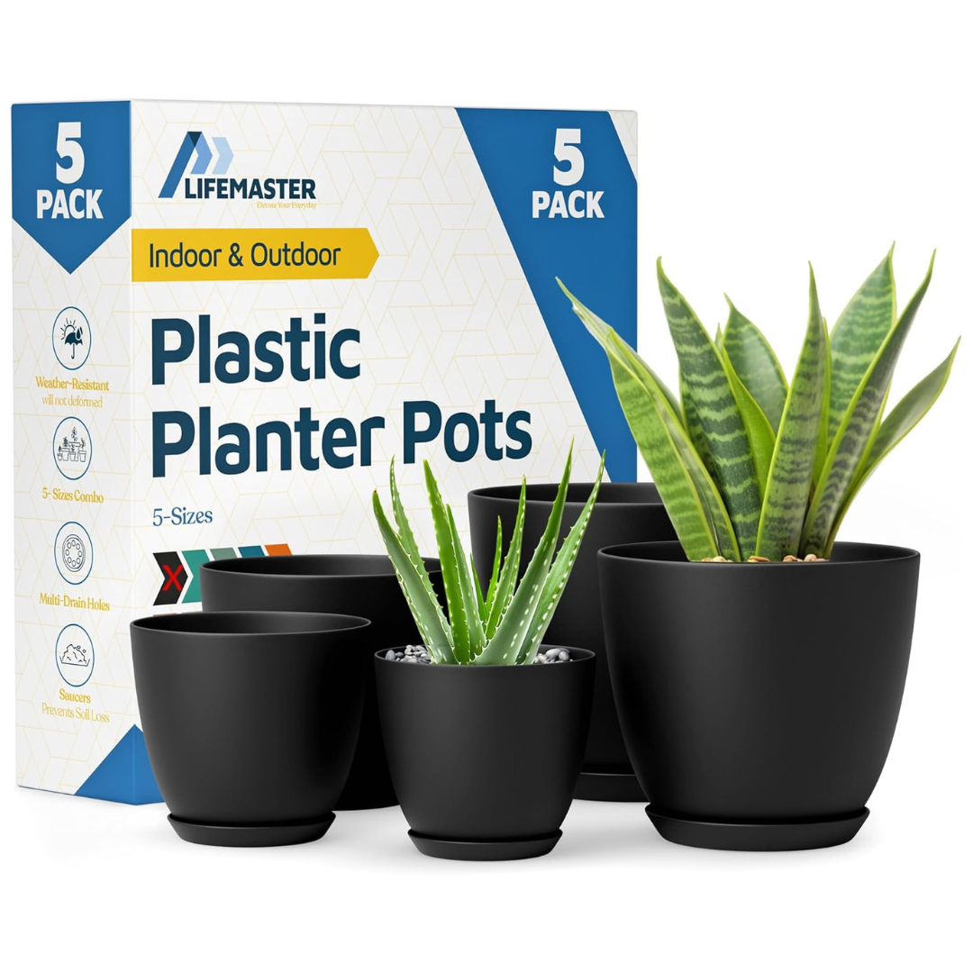 5-Piece Sturdy Plastic Plant Pots With Multi Drainage Holes