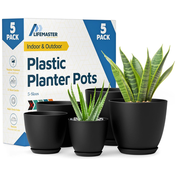 5-Piece Sturdy Plastic Plant Pots With Multi Drainage Holes